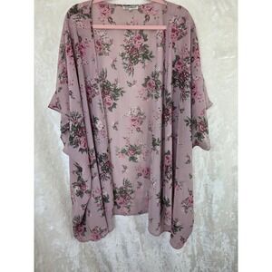 Mileage Womens 2X Pink Floral Open Front Kimono Wrap Chiffon Cardigan Mauve